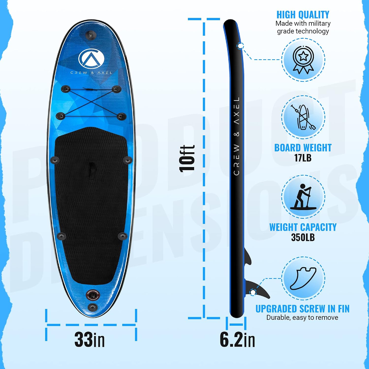 Crew Axel Inflatable Paddle Board 10'33'6' Extra Wide & Lightweight (18lb) Paddle Board – Premium SUP Set Includes 2 Bags, Floating Paddle, Camera Mount, 3 Fins, Dual Pump Kit