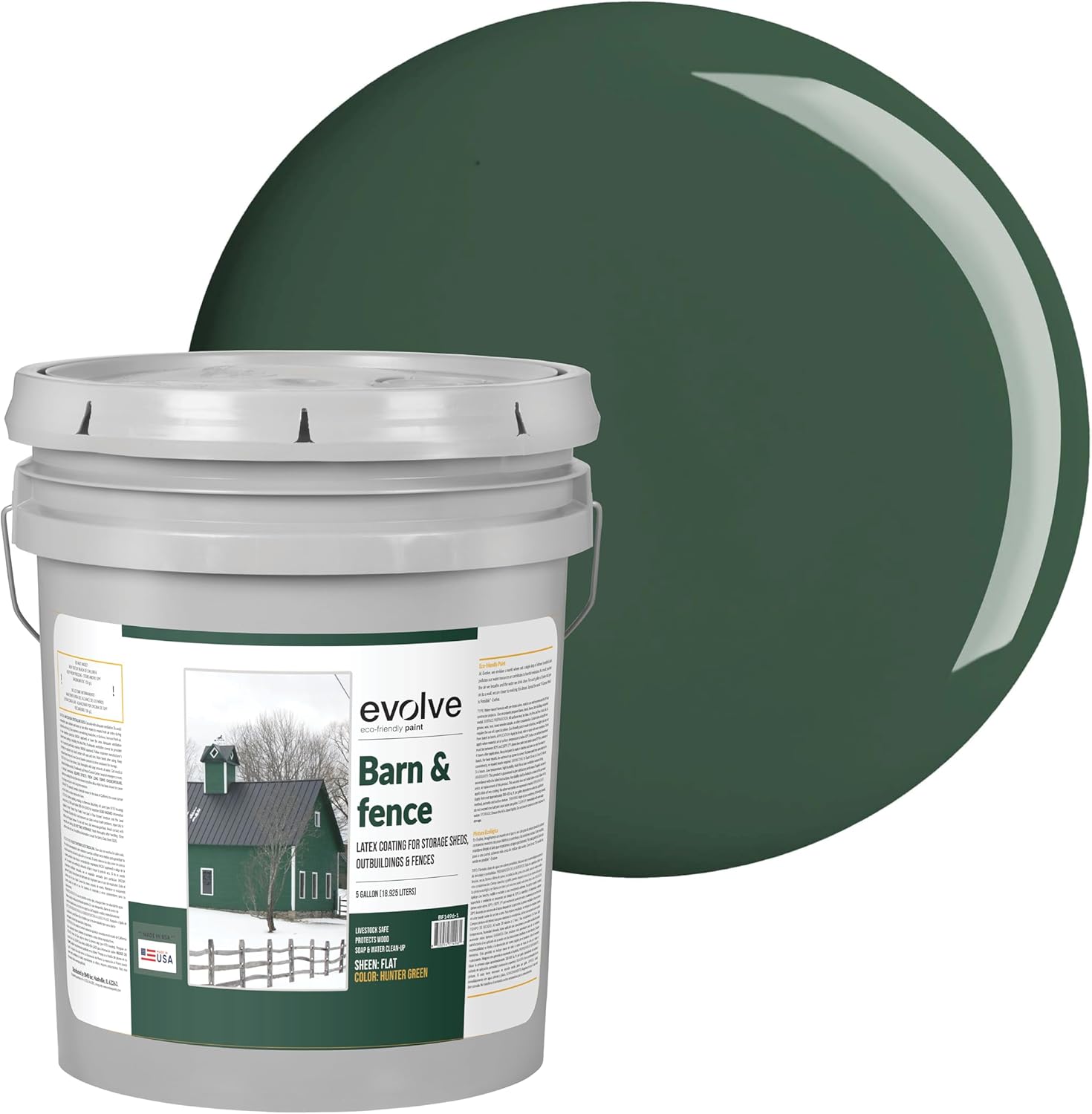 EVOLVE Barn & Fence Paint, Flat (Hunter Green), 5 Gallon – Durable Scratch-Resistant Wood Coating for Outbuildings & Fences, Fast-Dry Water-Based Formula