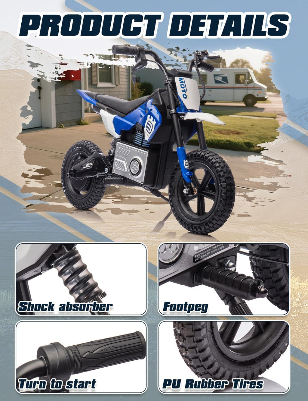 Electric Dirt Bike for Kids Ages 5-10, 24V 200W Higher Speed Electric Motorcycle, Kids Ride On Motorcycle with Rear Wheel Shock Absorber, LED Breathing Light, Bluetooth, Music, Horn, Blue