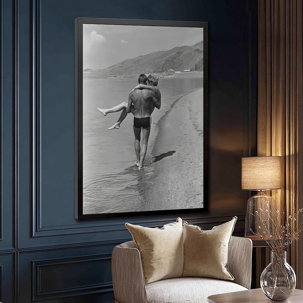 UXCBIA Young Couple Walking by The Lake, 1960s Black And White Retro Poster Canvas Poster Wall Art Decor Print Picture Paintings for Living Room Bedroom Decoration Black Frame 24x36in(60x90cm)