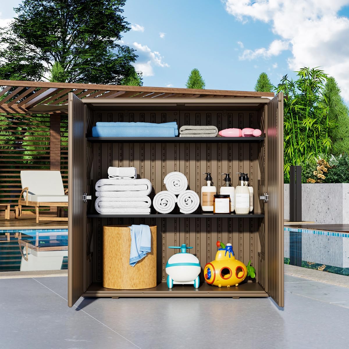 KINYING Outdoor Storage Cabinet Waterproof, Resin 62 Gallon Storage Box for Patio Furniture Cushions, Garden Tools, Pool Accessories (Dark Brown with 1 Shelving)