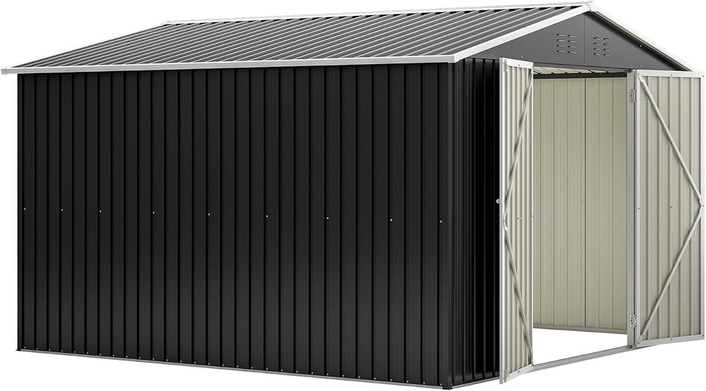 YOPTO 10x10 FT Outdoor Storage Shed,Large Metal Tool Sheds with Updated Frame Structure and Lockable Doors, Garden Shed for Backyard Patio Lawn, Black