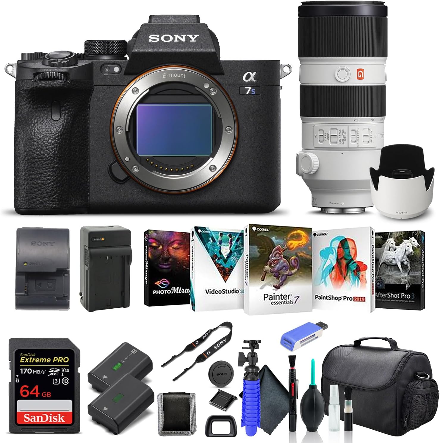 Sony Alpha a7S III Mirrorless Digital Camera Body Only ILCE7SM3/B, Sony FE 70-200mm Lens, 64GB Memory Card, NP-FZ-100 Battery, Corel Photo Software, Case, External Charger, and More