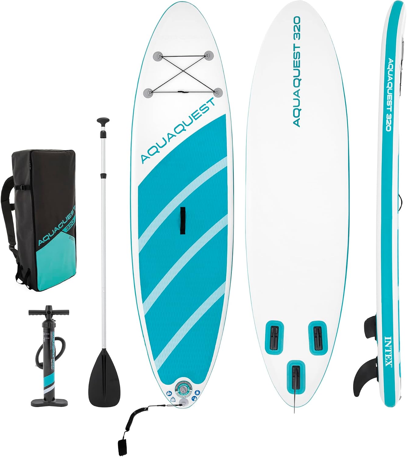 INTEX AquaQuest Inflatable Paddle Board Series: Includes Adjustable Paddle and High Pressure Pump – Tri-Fin Design – Slip-Resistant EVA Pad – Storage Rope – Drop Stitch Core