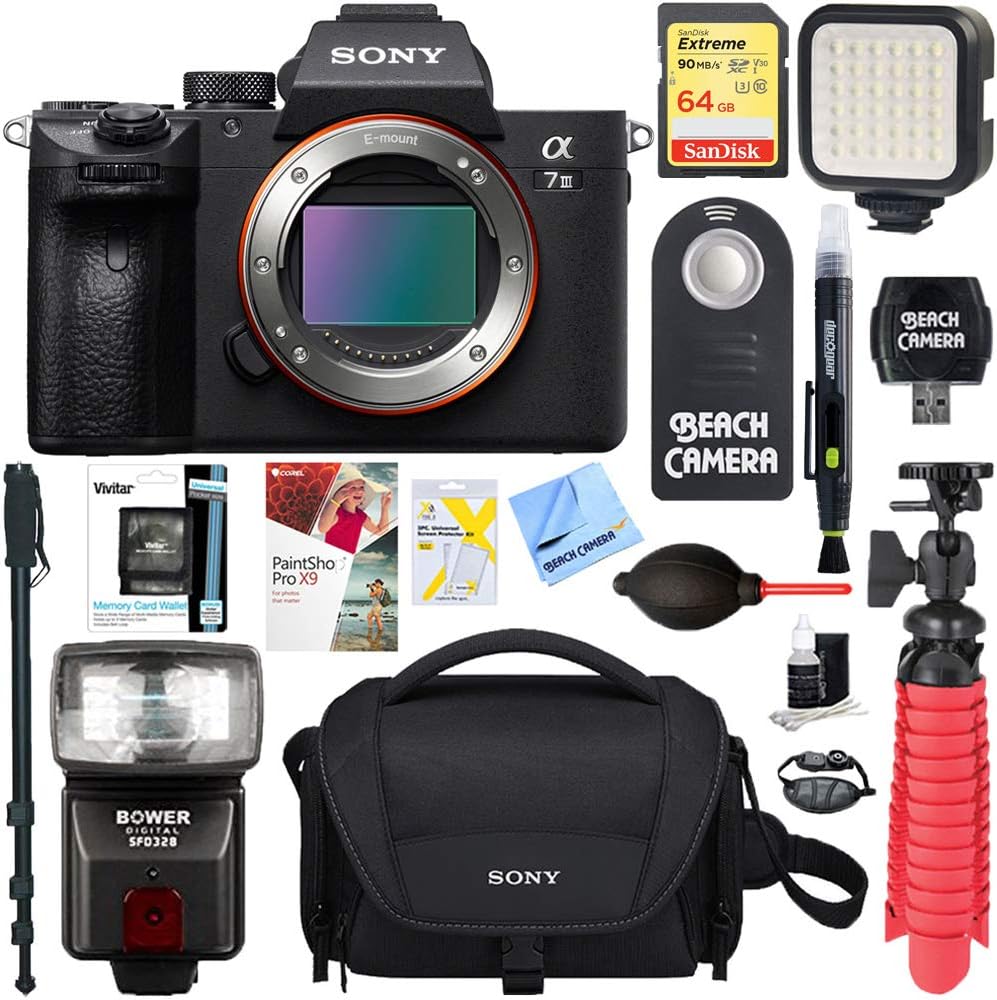 Sony a7III 24.2MP Full Frame Mirrorless Interchangeable Lens Camera | Official USA Partner Model | Body ILCE-7M3 Bundle with 64GB Memory + Flash & Accessories Kit