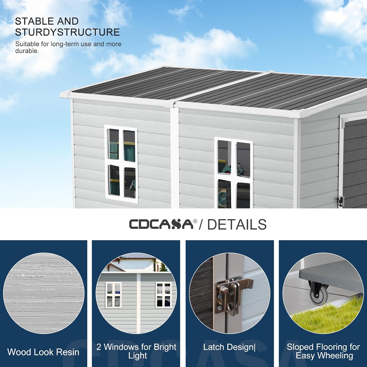 CDCASA 4x8 FT Resin Lean to Shed, Waterproof Outdoor Storage Sheds with Floor & Lockable Door & 2 Windows, Vent, Outside Plastic Tool Shed for Backyard Patio Poolside Lawn, Gray