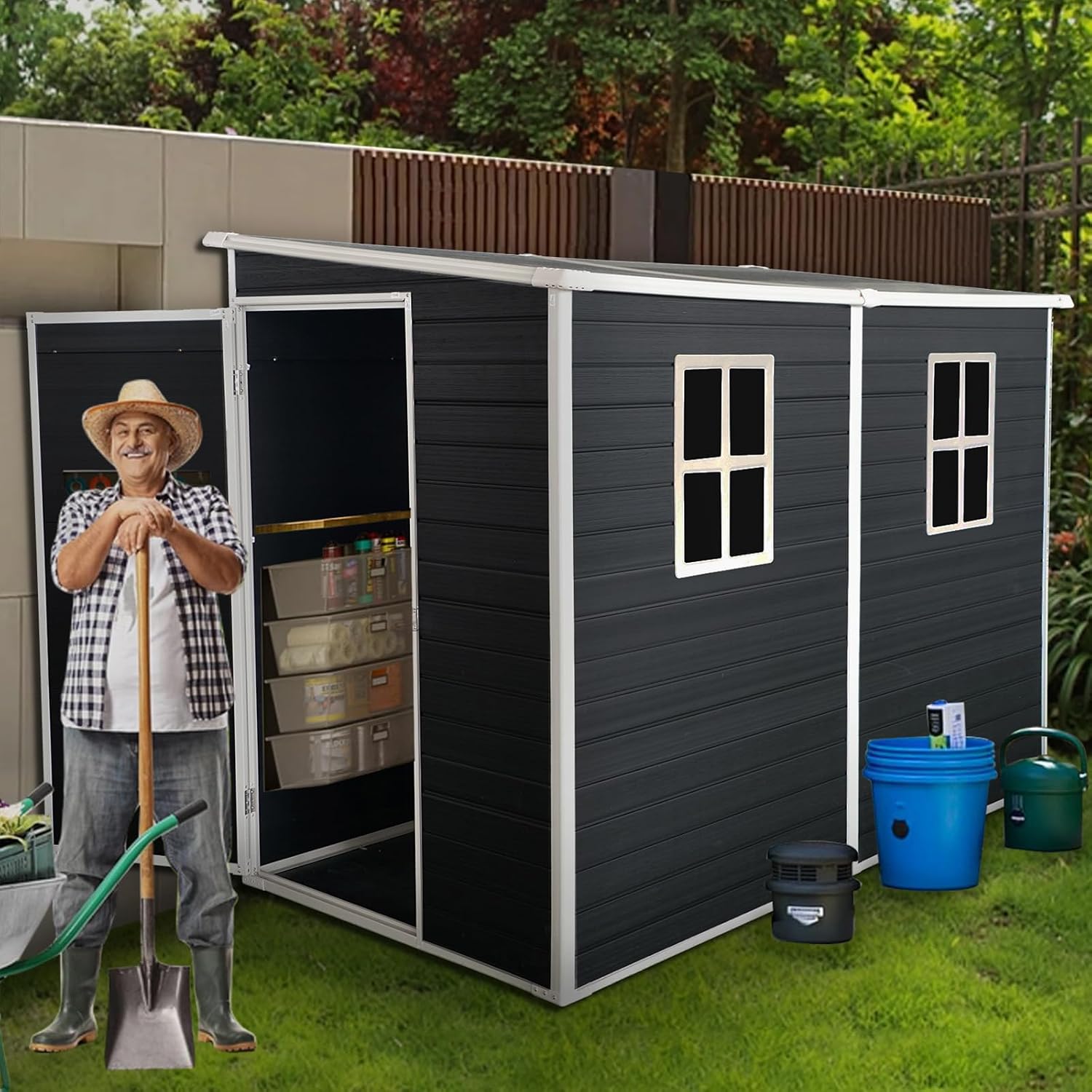 8x4FT Plastic Sheds & Outdoor Storage, Resin Shed with Floor, Plastic Storage Shed with Double Lockable Doors, Windows & Steel Frame, Lawn Mower Shed for Backyard/Garden Tools/Bike (8x4FT Single Door)