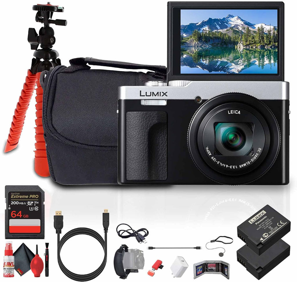 Panasonic ZS99 Point and Shoot Compact Travel Digital Camera (Silver) (DC-ZS99S) + 64GB Memory Card + DMW-BLG10 Battery + Camera Bag + Flexible Tripod + USB-C Cable + Cleaning Kit + More