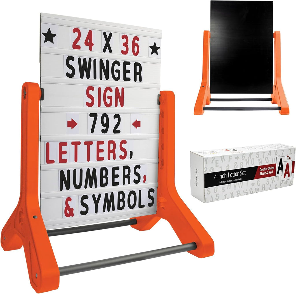 EXCELLO GLOBAL PRODUCTS Swinging Changeable Message Sidewalk Sign: 24' x 36' Sign with 792 Pre-Cut Double Sided Letters and Storage Box. Includes Black Board & Letter Board (Orange Color Legs)