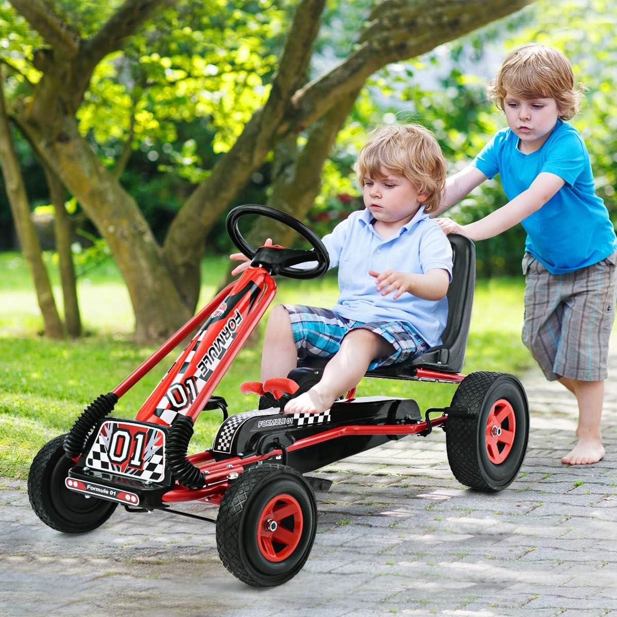HONEY JOY Go Kart for Kids, 4 Wheel Quad Off-Road Pedal On Foot Go Cart w/Steering Wheels & Adjustable Seat, 2 Safety Brakes, EVA Tires, Clutch, Outdoor Racer Ride On Pedal Car (Red)