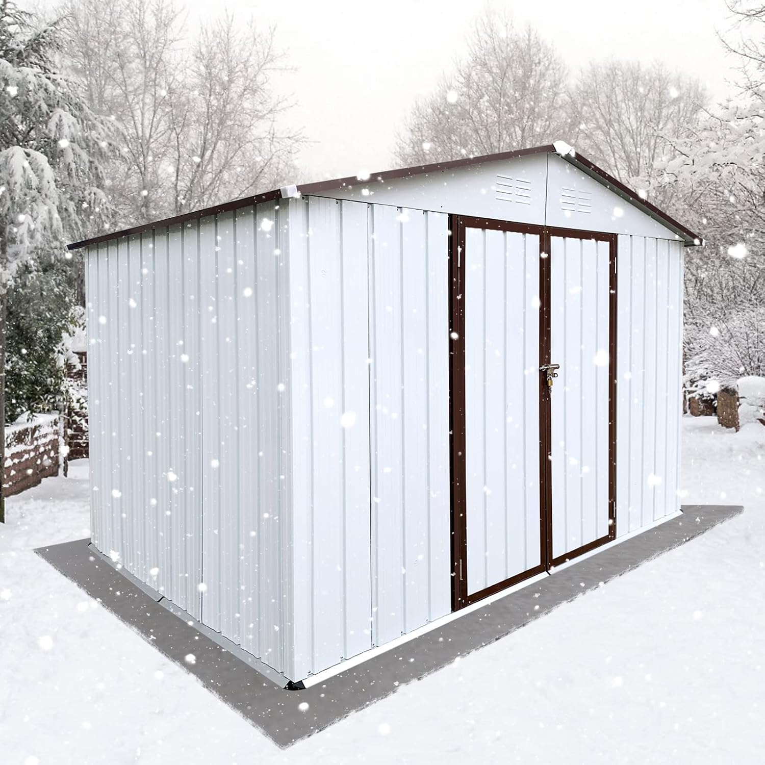 Metal Outdoor Storage Shed 8 x 10 FT, Steel Utility Tool Shed Storage House with Sloping Roof and Lockable Door, Waterproof Garden Storage Tool Shed for Backyard Patio Lawn (White, 8X10 FT)