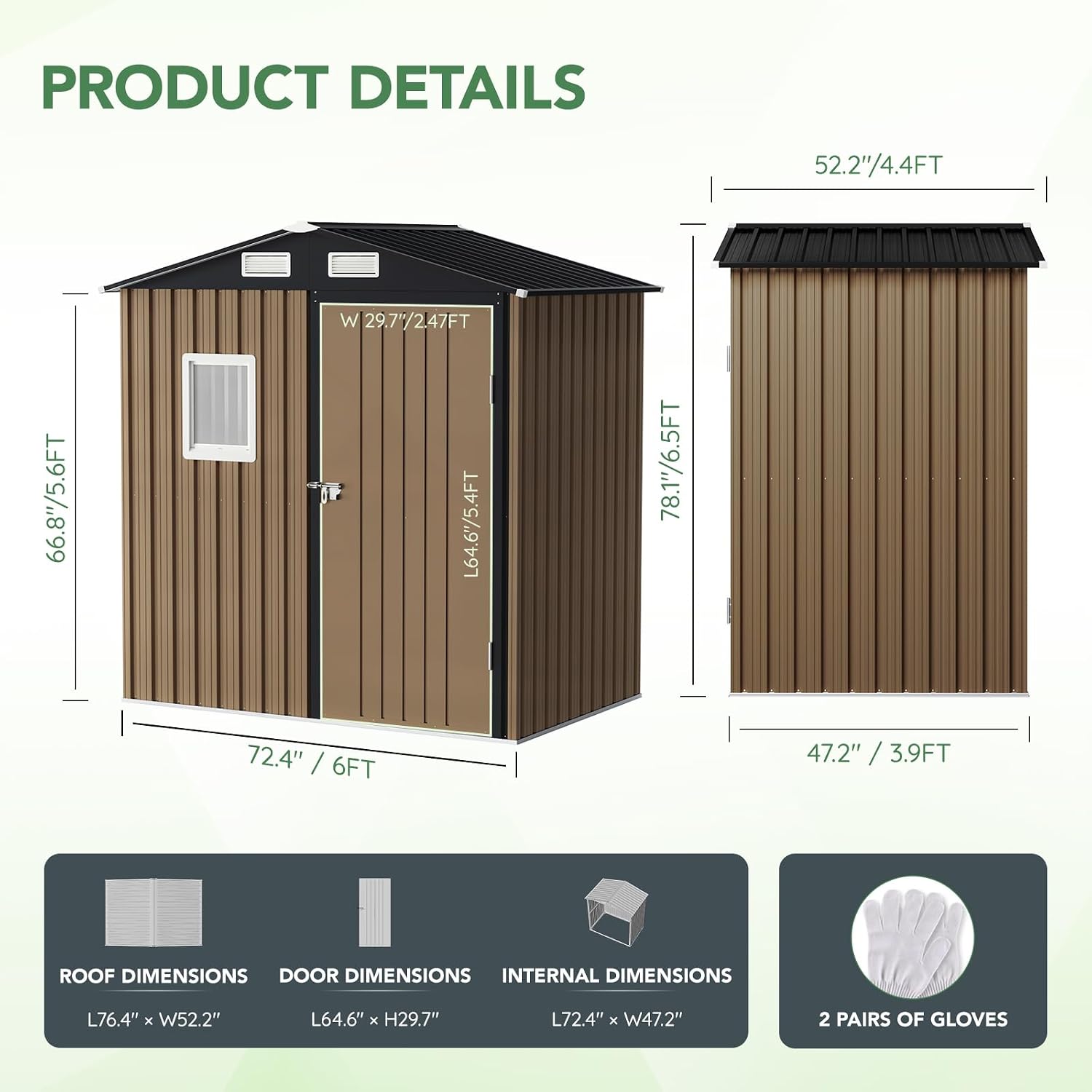 MistMo 6X4FT Outdoor Steel Storage Shed with Lockable Doors, One Window,Ideal for Garden, Backyard, Patio Storage,Brown