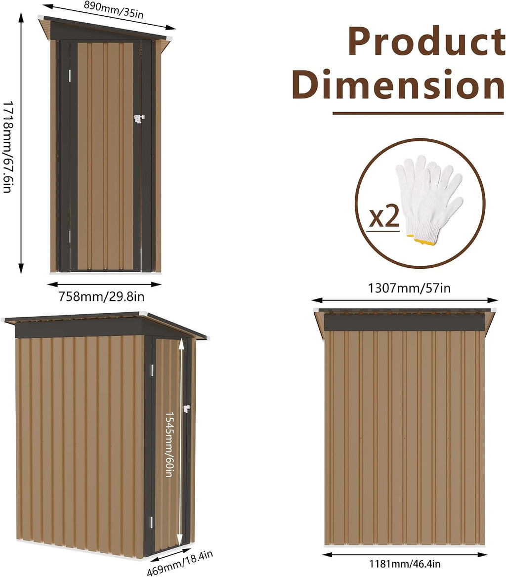 YOPTO 4.27x2.42 FT Outdoor Storage Shed, Metal Garden Tool Shed with Sloped Roof & Hinge Door for Backyard,Patio Lawn,Black+Brown
