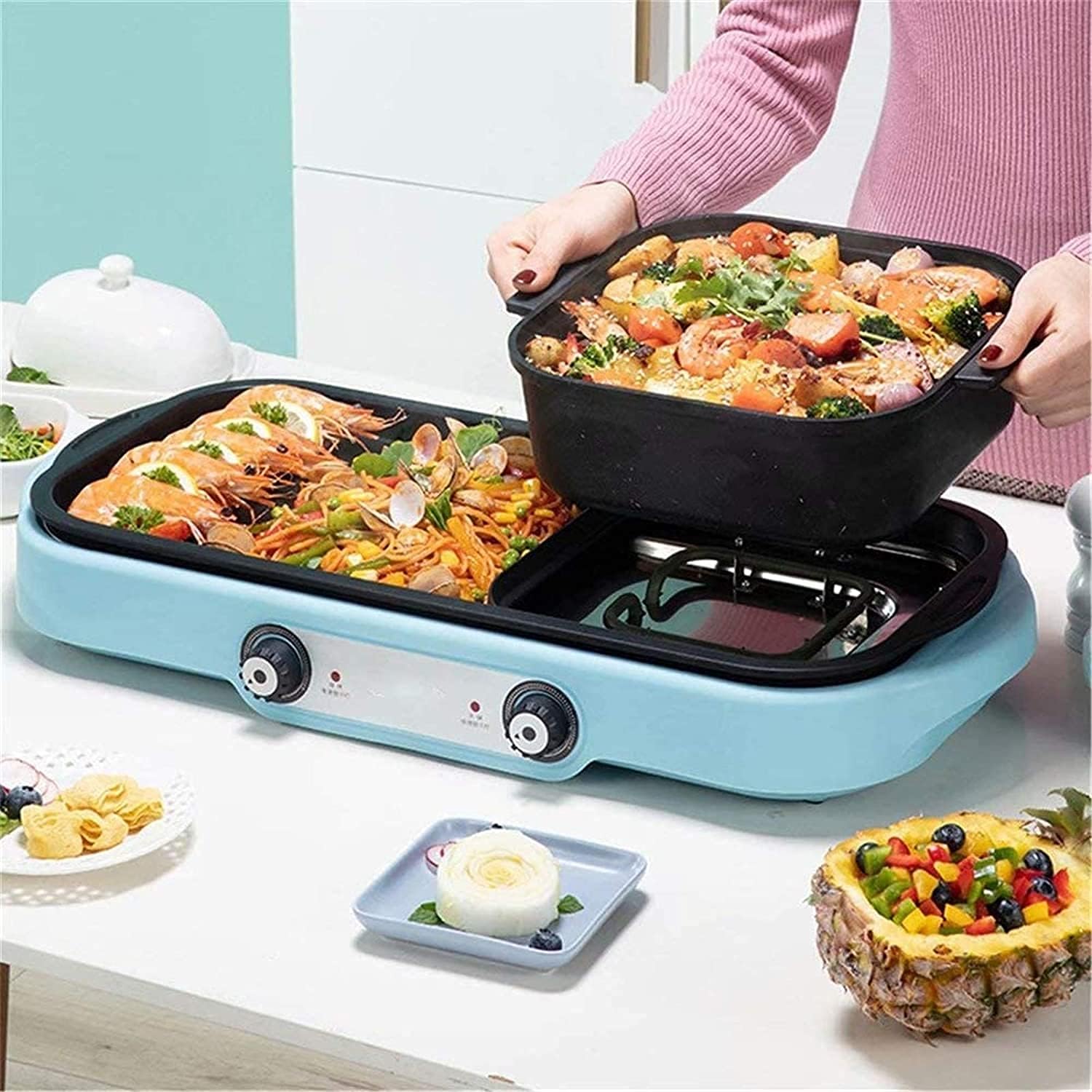 Indoor Korean Barbecue Grill BBQ Hotpot Electric Hot Pot Grill Indoor 1600W 2 in 1 Smokeless Grill and Hot Pot Korean BBQ Grill and Indoor Barbecue Grill,Blue,65 * 15Cm,Portable Nonstick Griddle
