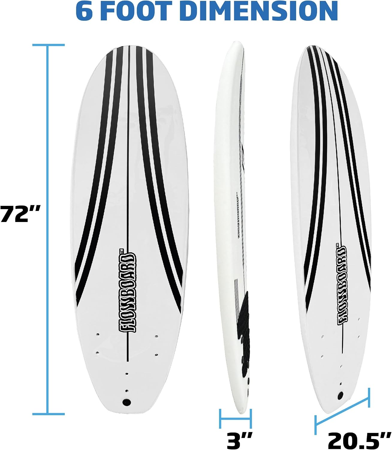 FLOWBOARD Surfboard Softboard Foam - Include (3) Fins 6' Foot Leash and (2) Wood Stringers Inside Board Availalable in 6' and 7' Short Board and 8' Longboard