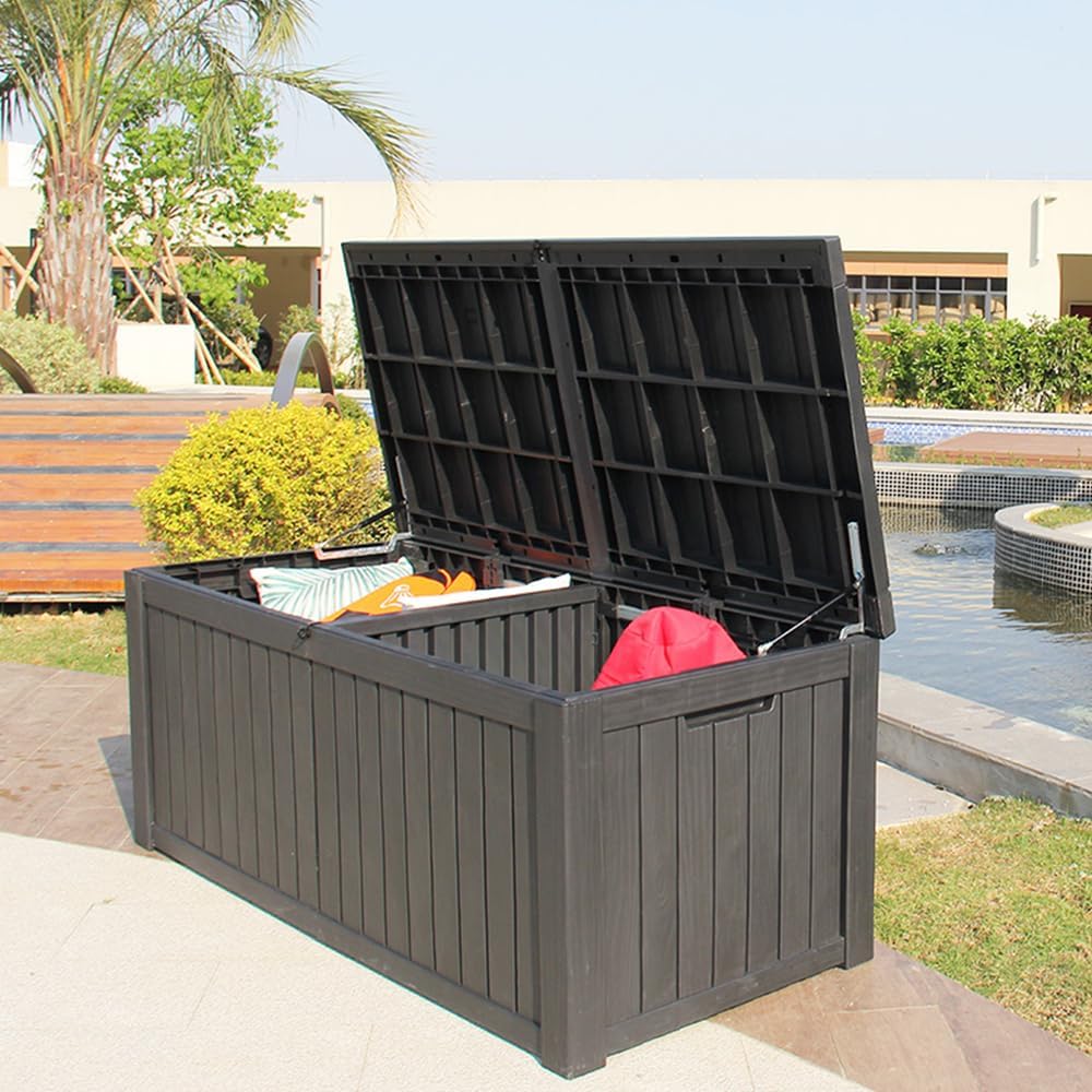 BTEXPERT 150 Gallon Outdoor Storage Container Deck Box with Metal Support Rods for Patio Furniture Garden Tools Cushions Waterproof Lockable UV Resistant Resin