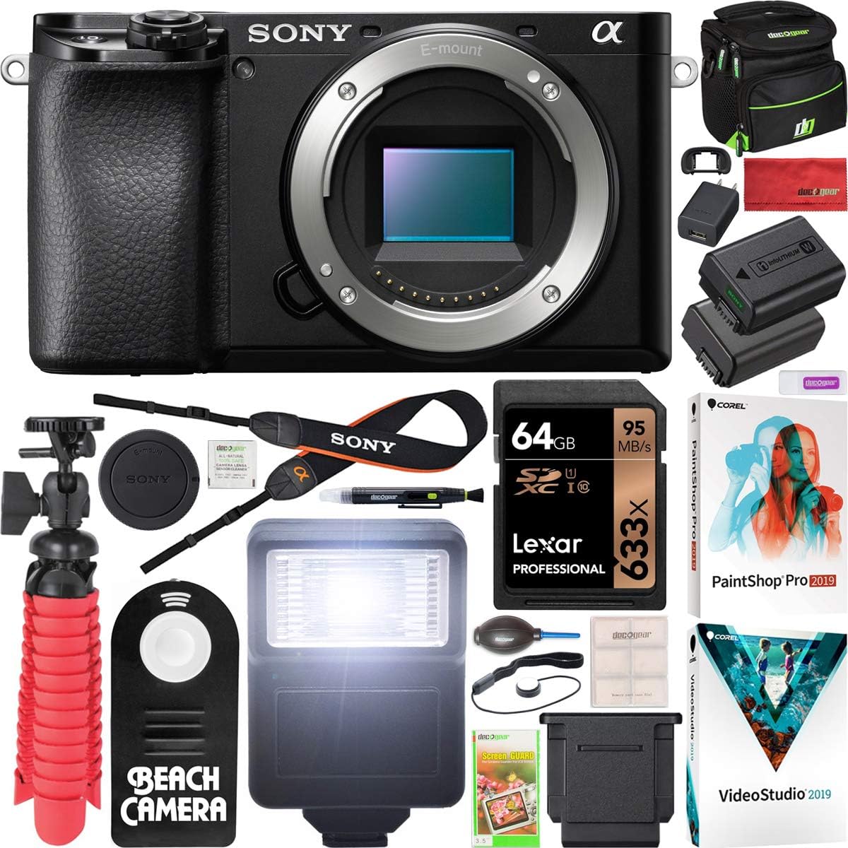 Sony a6100 Mirrorless Camera | Official Sony USA Partner Model | 4K APS-C Body Only Interchangeable Lens Camera ILCE-6100B with Deco Gear Case + Battery + Flash + Wireless Remote + 64GB Memory Card