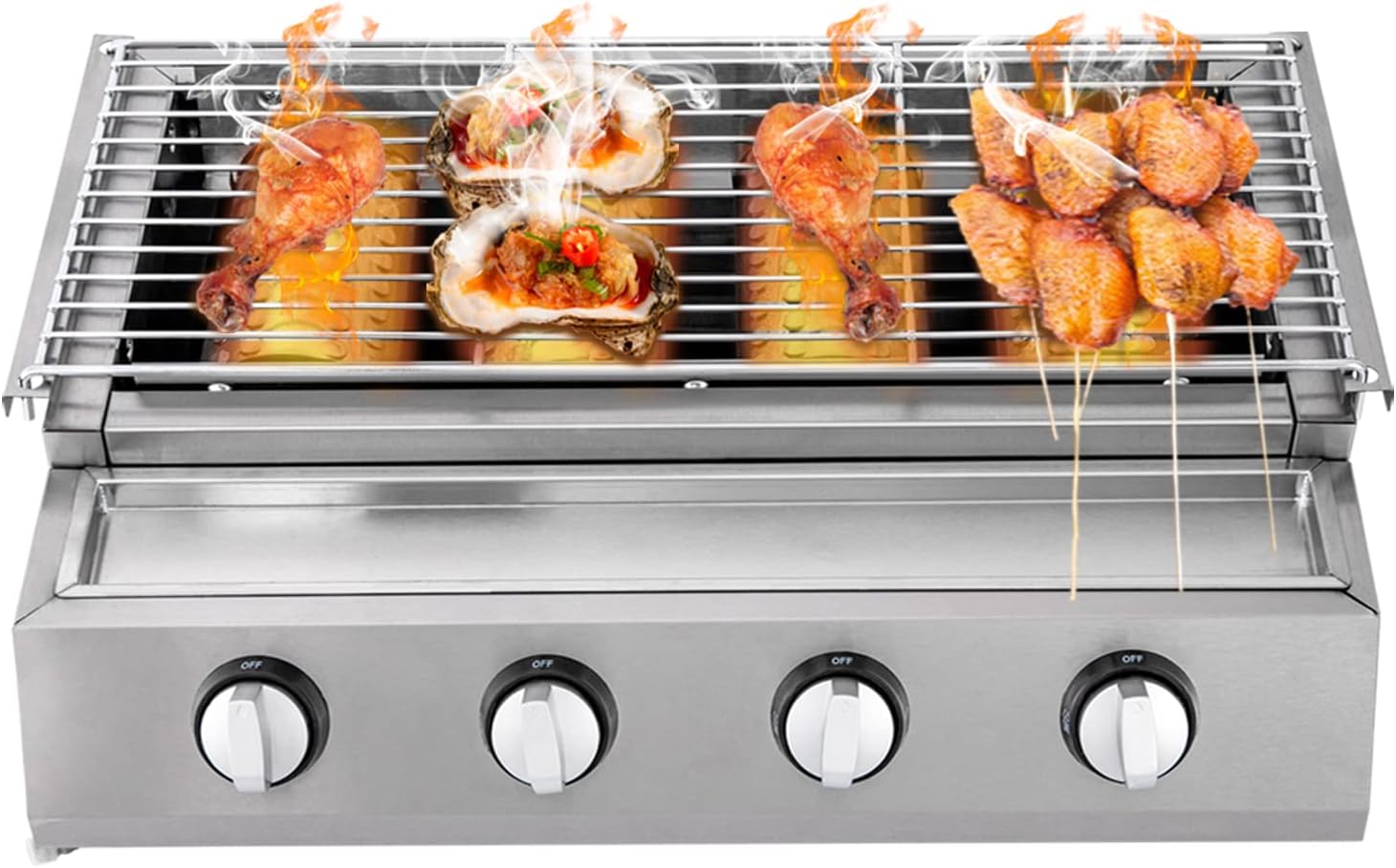 Gas BBQ Grill Stainless Steel Outdoor Camp Picnic Barbecue Shish Kabob 4 Burner Griddle Flat Top Grill Portable Barbecue Grill Countertop Smokeless Grill Non-Stick Cooking Removable Grill Baking