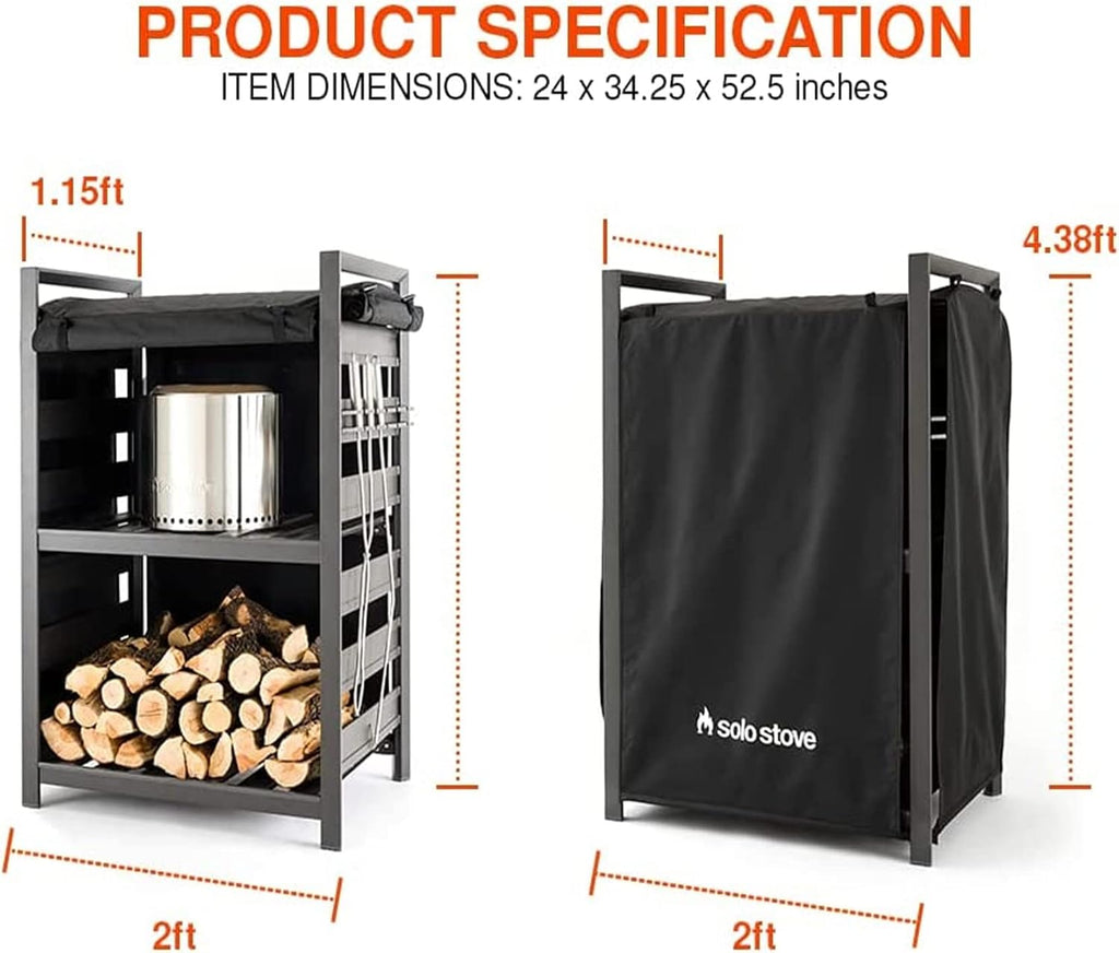 Solo Stove Station – 4.4ft Black Aluminum Firewood Rack with UV-Coated Cover, Two-Shelf Outdoor Storage for Fire Pit Logs, Tools & Accessories