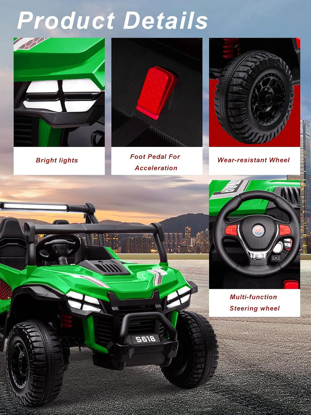 OTTARO 24V XXXL Ride on Cars 2 Seater, Electric Cars Vehicles for Big Kids, 4WD Ride on UTV Truck w/Remote Control, 25' Spacious Seat, 2 Safety Belts, Bright Light, Music Player,Bluetooth（Green）