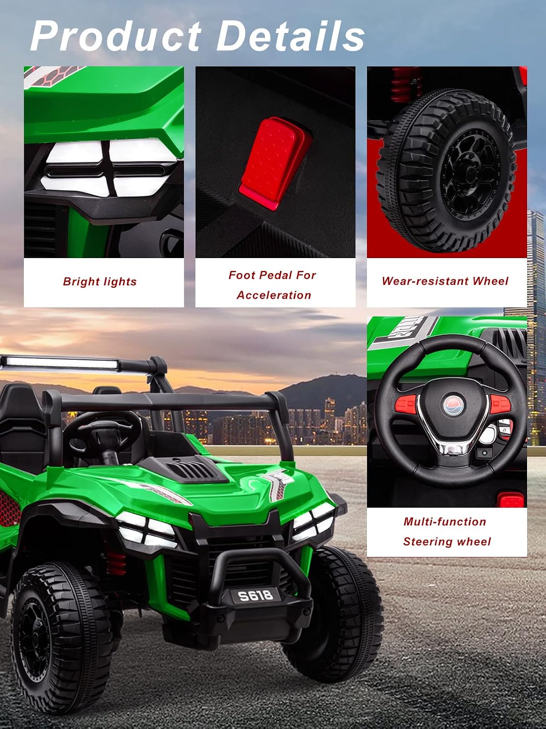 OTTARO 24V XXXL Ride on Cars 2 Seater, Electric Cars Vehicles for Big Kids, 4WD Ride on UTV Truck w/Remote Control, 25' Spacious Seat, 2 Safety Belts, Bright Light, Music Player,Bluetooth（Green）