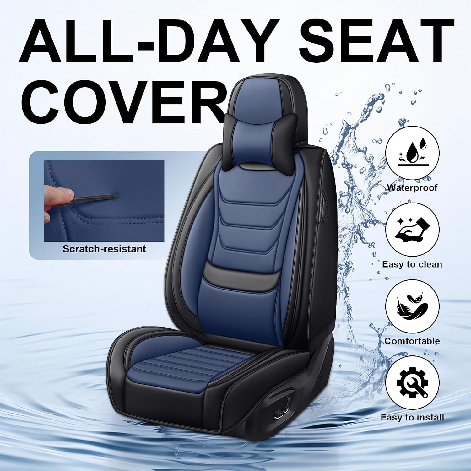 DHAEY Car Seat Covers for Kia NIRO 2017-2025, Family Seat Covers, Nappa Leather, Wear-Resistant, Anti-Slip, Waterproof, 5PCS Full Set with Pillows, Black Blue