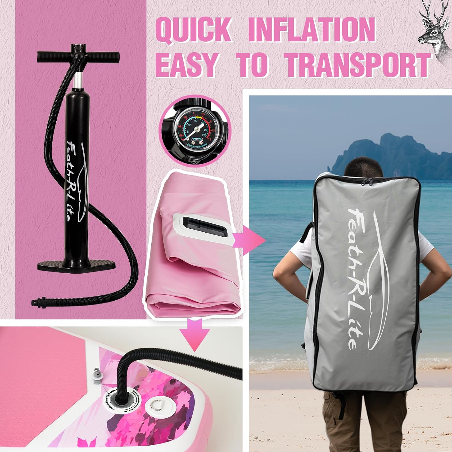FEATH-R-LITE Inflatable Paddle Board Stand Up Paddleboards for Adults SUP with Premium Accessories Pump, Adjustable Paddle, Leash, Three Fins, Backpack