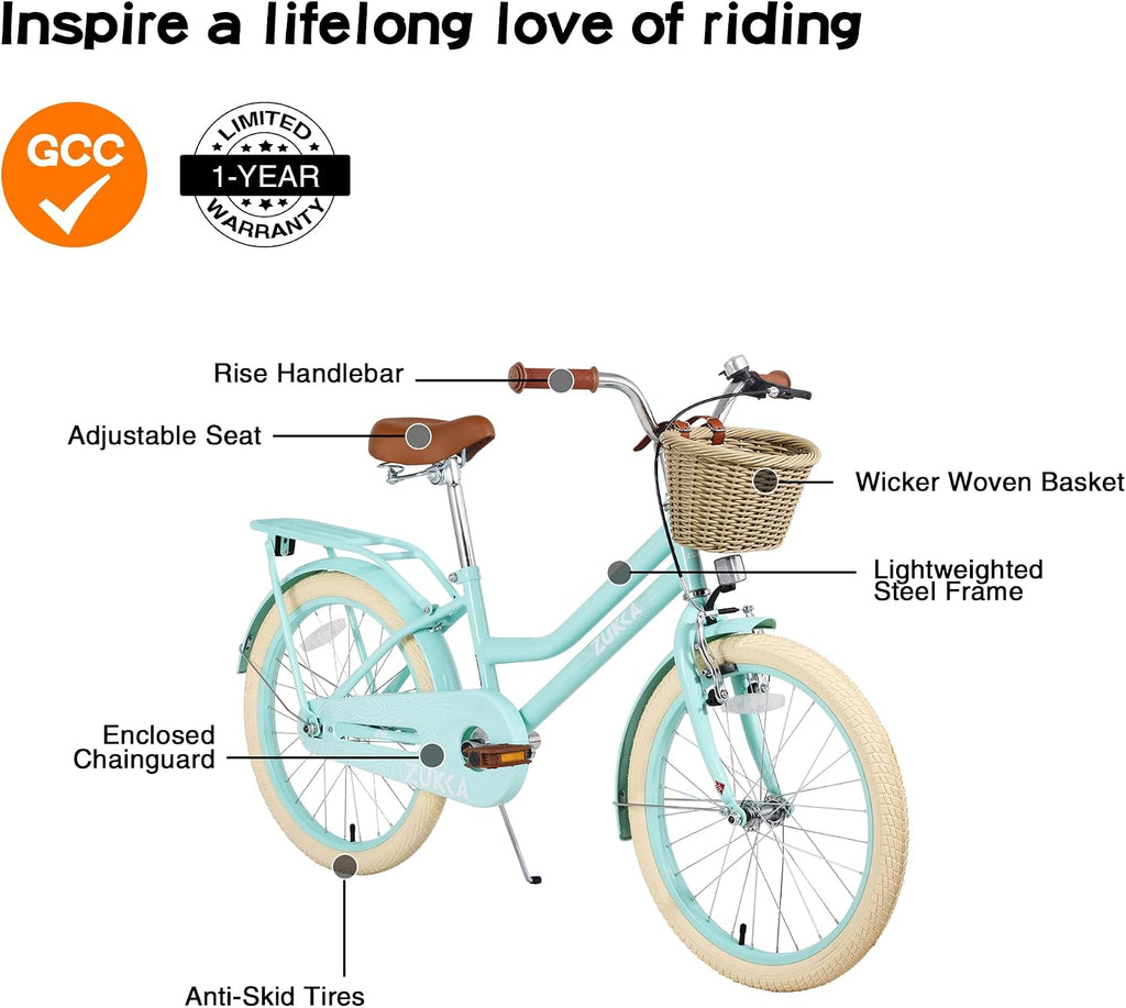 20'/24' Inch Girls Cruiser Bike 1-Speed Hybrid City Bicycle for Youth 7-10+ Years Old with Wicker Basket & Rear Rack，Kids Cycle Bikes，Hand&Pedal Brake，Steel Frame，Multiple Colors