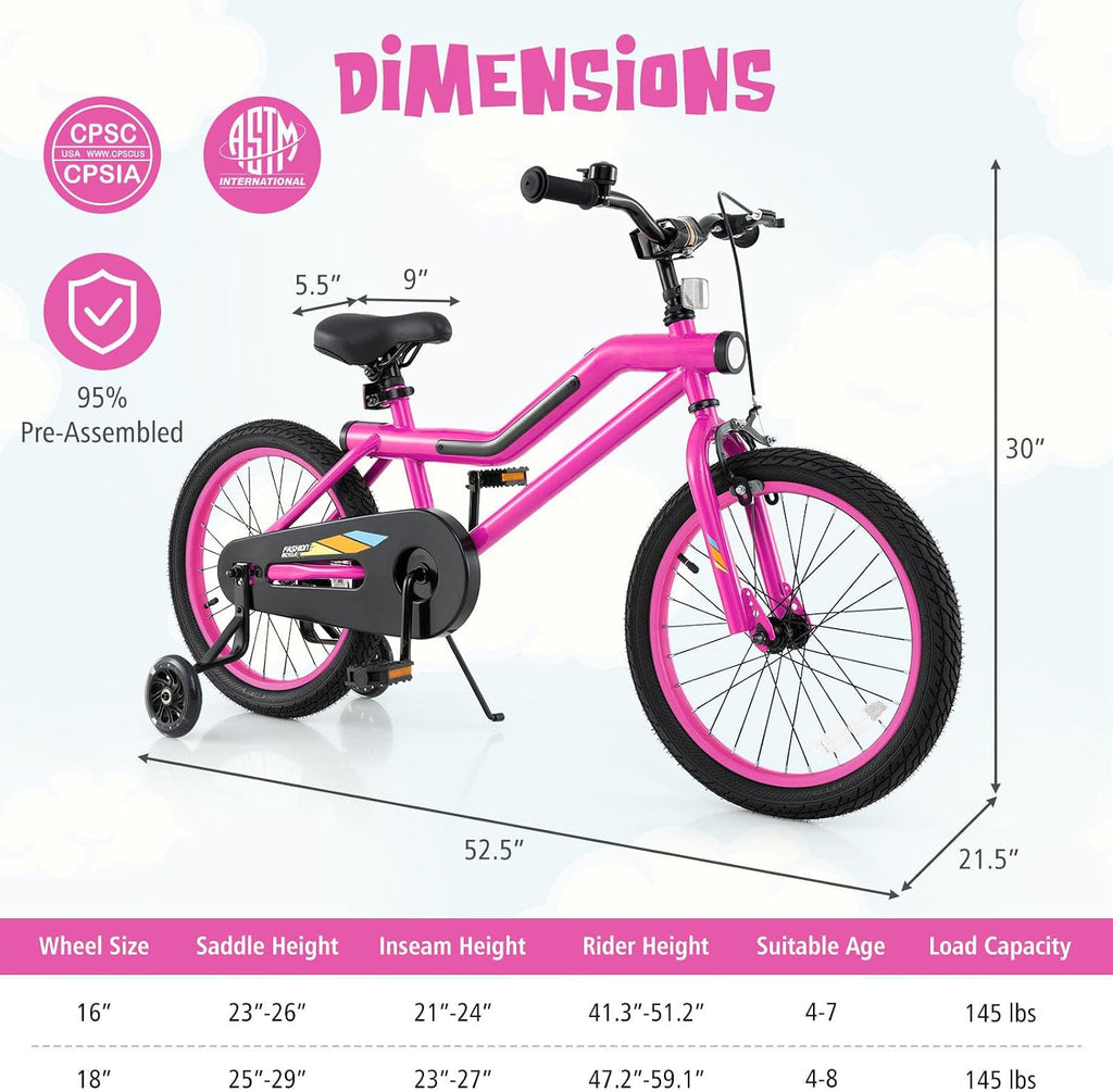 BABY JOY Lighted Kids Bike, 16 18 Inch Children Bicycle with 7-Mode LED Lighted Frame, Headlight, Flash Training Wheels, Dual-Brake, 95% Pre-Assembled, Girls Boys Bike for 4-8 Years