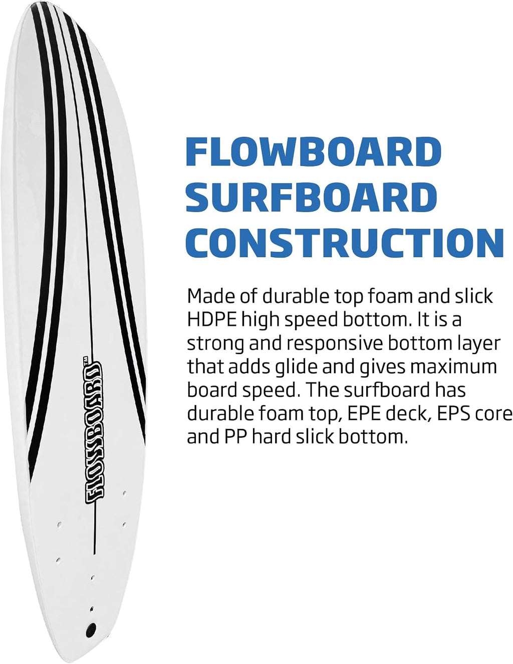 FLOWBOARD Surfboard Softboard Foam - Include (3) Fins 6' Foot Leash and (2) Wood Stringers Inside Board Availalable in 6' and 7' Short Board and 8' Longboard