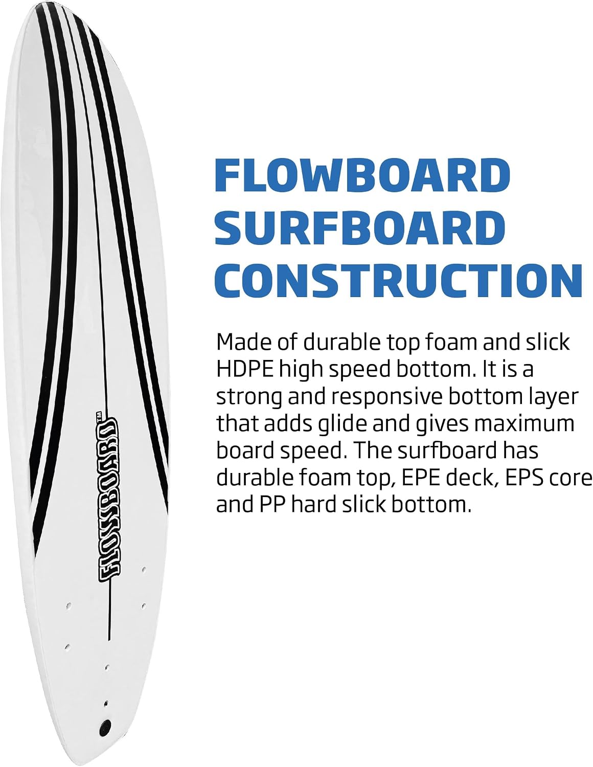FLOWBOARD Surfboard Softboard Foam - Include (3) Fins 6' Foot Leash and (2) Wood Stringers Inside Board Availalable in 6' and 7' Short Board and 8' Longboard