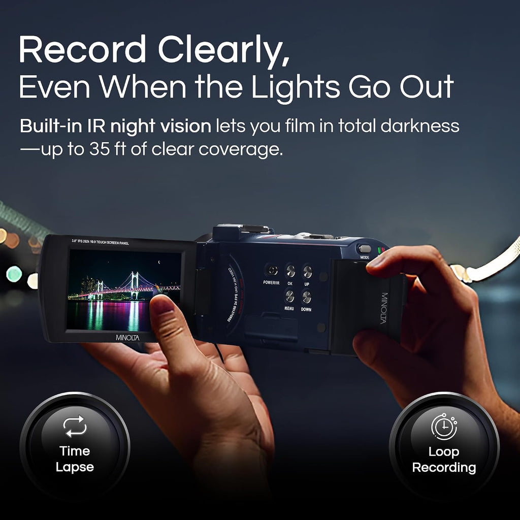Minolta Camcorder - 4K Ultra HD, 30MP Photos, Night Vision with IR LEDs, 16X Zoom, Time-Lapse, Anti-Shake, 3' Touchscreen, HDMI USB Output, SD Slot, CMOS Sensor (Black)