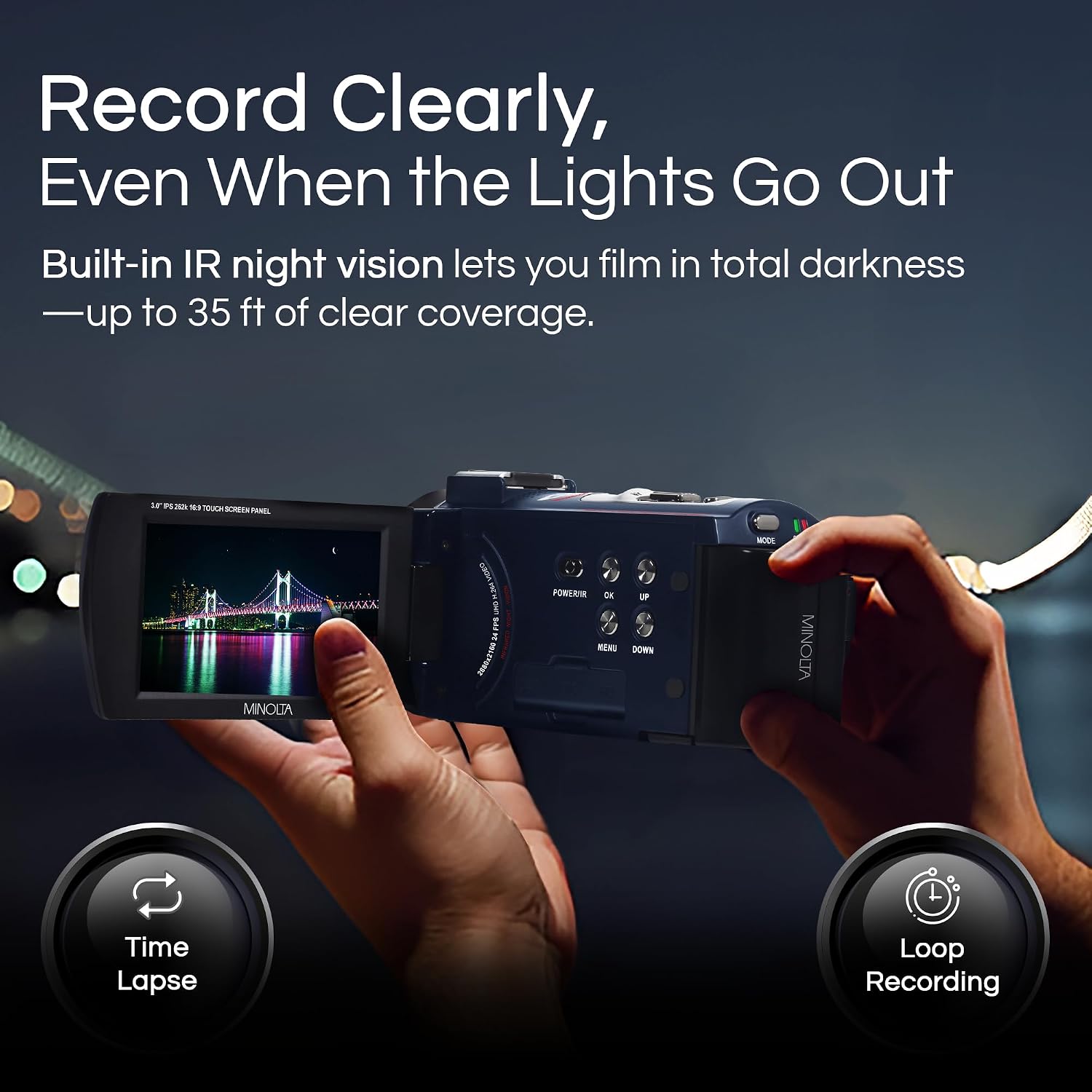 Minolta Camcorder - 4K Ultra HD, 30MP Photos, Night Vision with IR LEDs, 16X Zoom, Time-Lapse, Anti-Shake, 3' Touchscreen, HDMI USB Output, SD Slot, CMOS Sensor (Black)