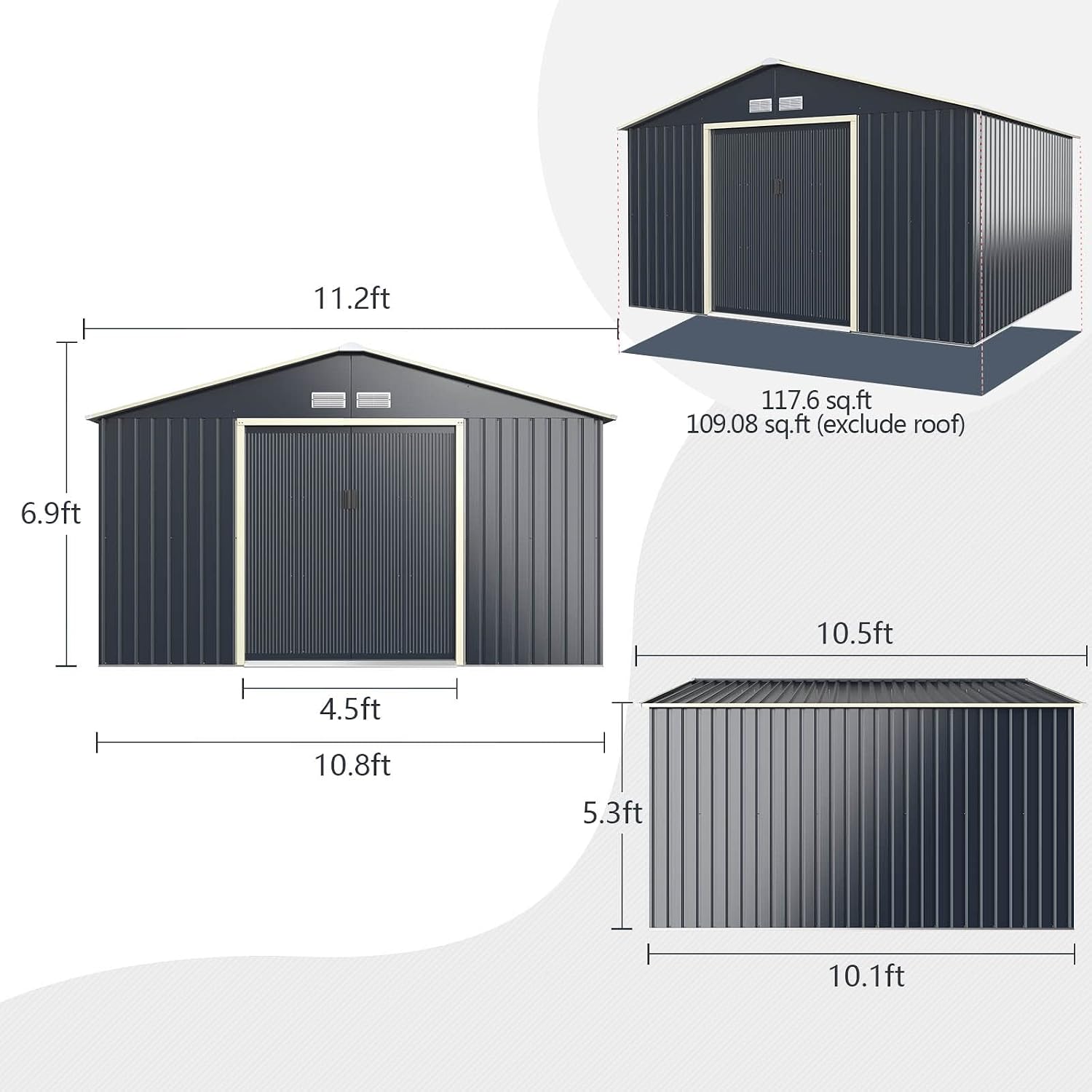 Goplus Storage Shed, Metal 11' X 10' Outdoor Building Organizer with 4 Vents & Double Sliding Door for Garden Backyard Farm (11'X10')