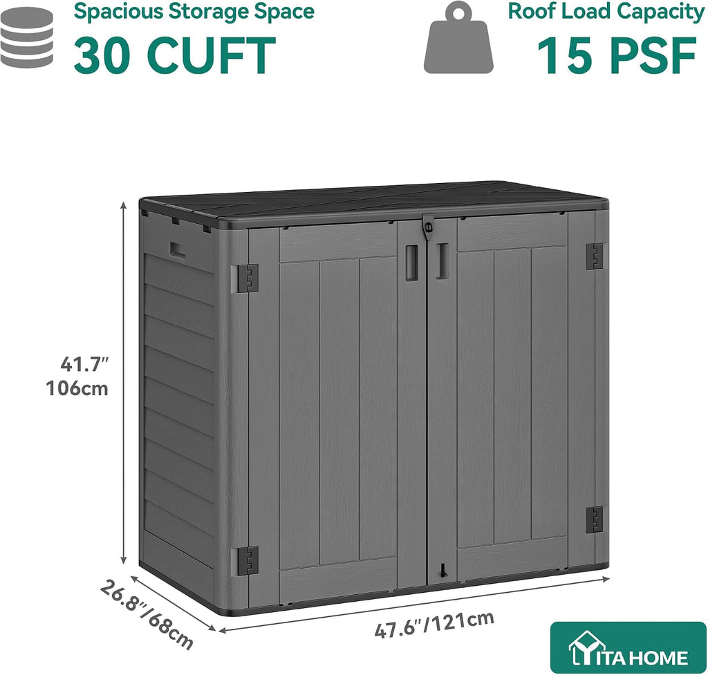 YITAHOME 30 Cu Ft Outdoor Storage Shed, Waterproof Storage Cabinet for Bike & Garden Shed, Horizontal Outdoor Storage Shed for Garage, Pool Storage, Dark Gray & Black