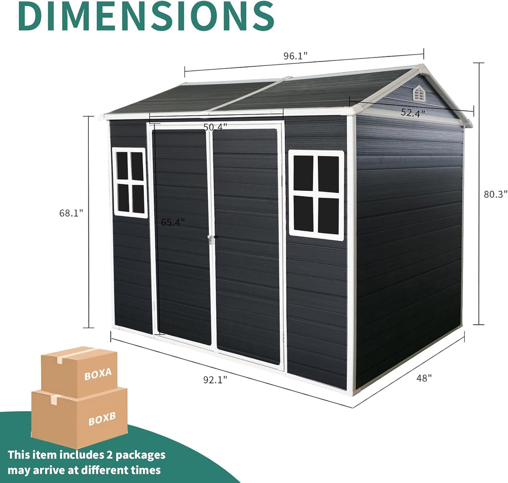 8x4FT Plastic Sheds & Outdoor Storage, Resin Shed with Floor, Plastic Storage Shed with Double Lockable Doors, Windows & Steel Frame, Lawn Mower Shed for Backyard/Garden Tools/Bike (8x4FT)