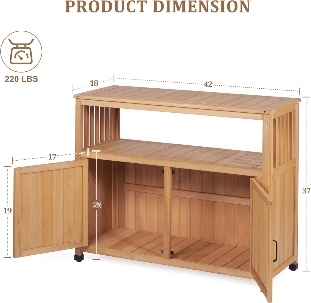Mederlo Wooden Patio Bar Table with Storage, Cedar Outdoor Buffet Cabinet Sideboard, 42 x 18 x 37 in Serving Station with Double-Layer Tabletop for Patio, Deck, Backyard, Indoor