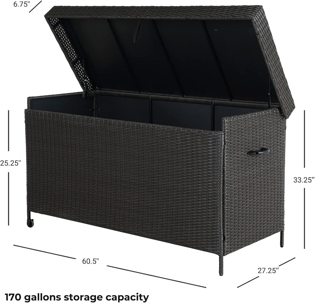 Grand patio 170 Gallon Storage Box, Dark Brown PE Wicker, Minimalist Style, Water Resistant, Flip Top, Smooth Wheels, for Patio Furniture Cushions, Garden Tools, Pool Accessories