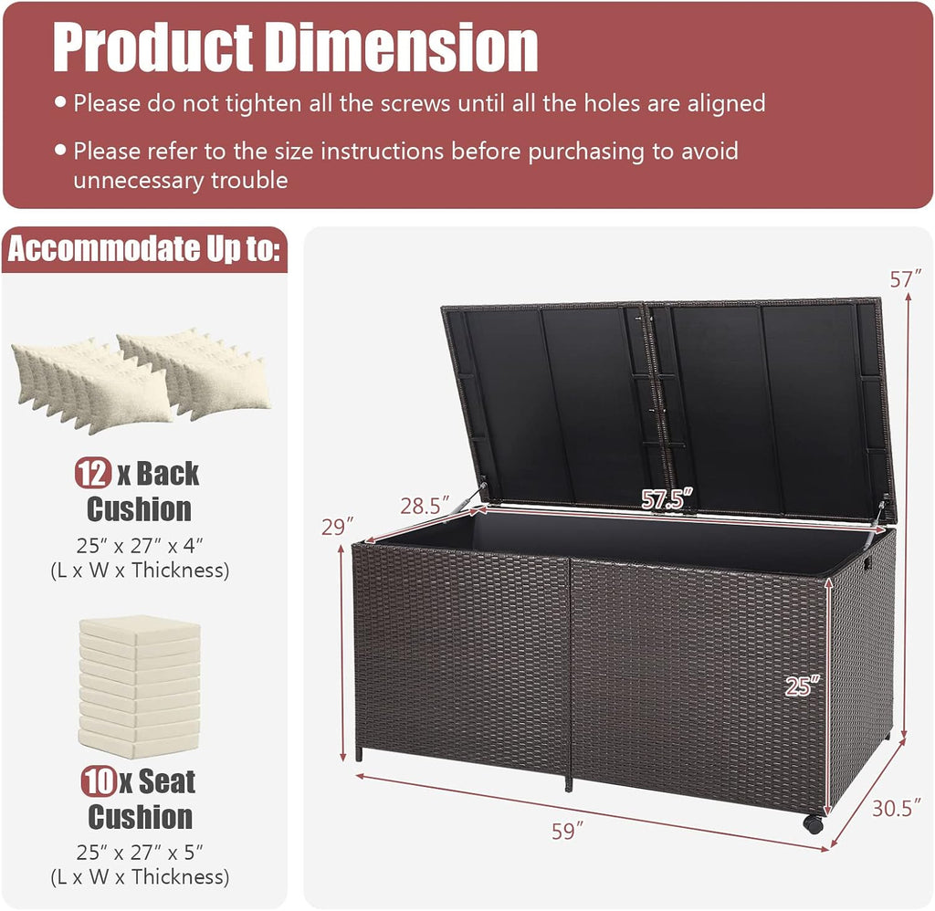 Tangkula 175 Gallon Outdoor Storage Box, Wicker Patio Deck Box with 2 Universal Wheels and Waterproof Zippered Liner, Outdoor Storage Container for Cushions, and Garden Tools