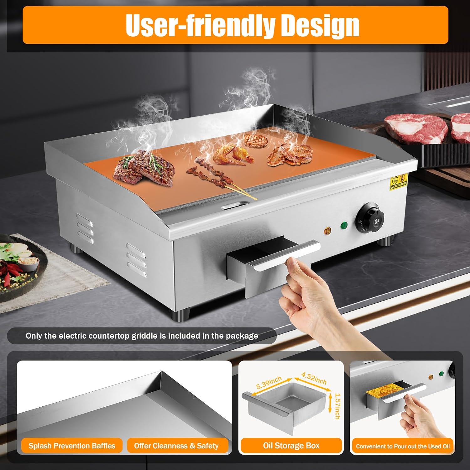 22' Commercial Electric Griddle Countertop Flat Top Griddle Stainless Steel Hibachi Teppanyaki Grill BBQ Plate 122-572℉ Adjustable Temp Control for Restaurant Kitchen,110V (3000W)