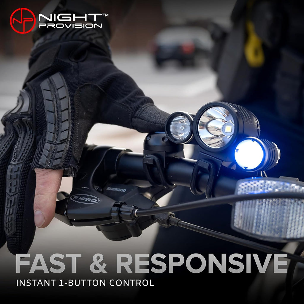NP NIGHT PROVISION PS1200-BLUE Front & OPTIKS-Blue Emergency Patrol Bike Light - Blue/Blue Strobe LED - Rechargeable - Water Proof - 5 Modes. for Police Officers, EMS, Volunteers, and Security