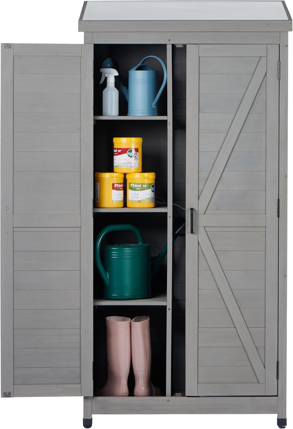 68''x33''x20'' Outdoor Wooden Storage Shed with Metal Top Tall Vertical Tool Cabinet for Backyard Garden Patio Lawn (Grey)
