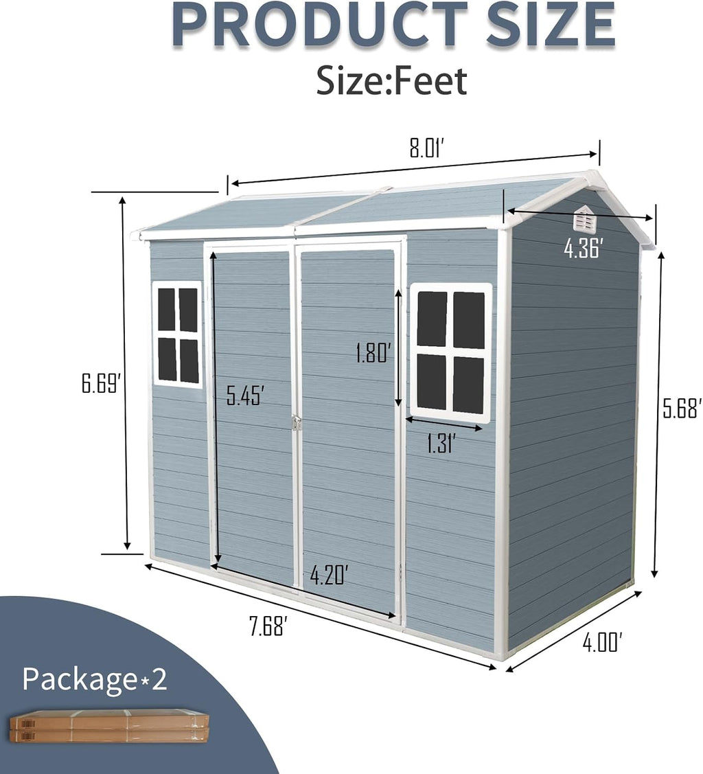 YOPTO 8x4 FT Outdoor Storage Shed,Garden Shed with Floor & 2 Windows,All Weather Waterproof Tool House W/Air Vent,Sloped Roof & Lockable Double Door,for Patio,Yard,Lawn,Grey