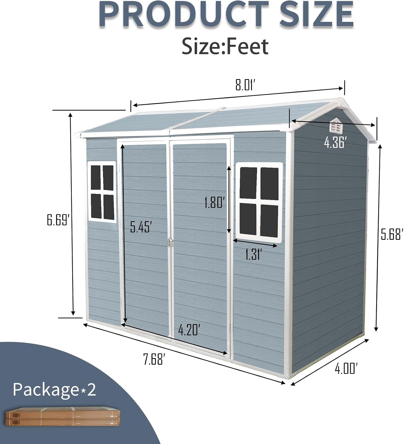 YOPTO 8x4 FT Outdoor Storage Shed,Garden Shed with Floor & 2 Windows,All Weather Waterproof Tool House W/Air Vent,Sloped Roof & Lockable Double Door,for Patio,Yard,Lawn,Grey