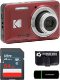 Kodak PIXPRO FZ55 Red 16MP Digital Camera 5X Optical Zoom 28mm Wide Angle 1080P Full HD Video 2.7' LCD Camera + 64GB Card and Reader + Memory Wallet