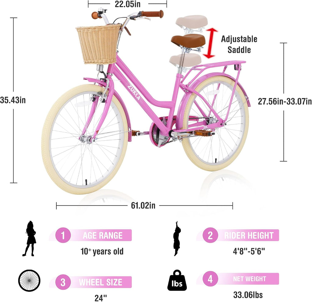 MEGHNA Cruiser Bike 24inch Wheels Girls Women Bike Single Speed Commuter Bike V-Brake and Coast Brake Women Ladys Bicycle, Multicolors