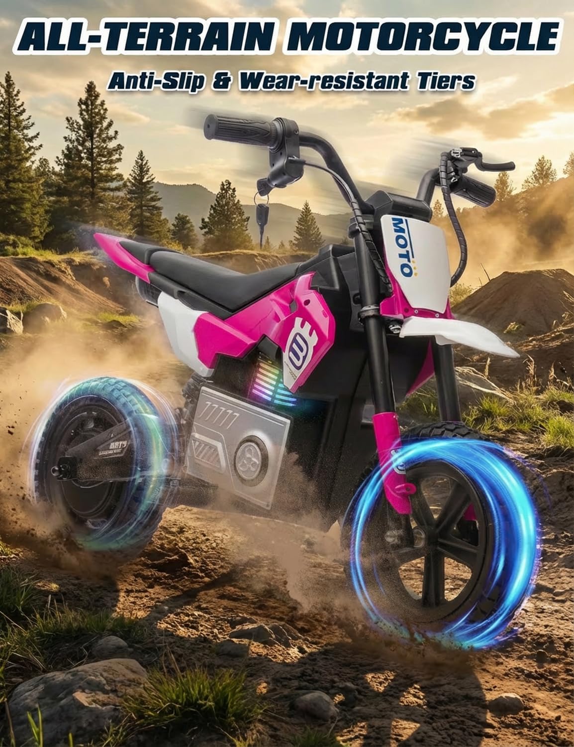 Electric Motorcycle for Kids Ages 5-10, 24V 200W Higher Speed Electric Dirt Bike, Kids Ride On Motorcycle with Rear Wheel Shock Absorber, LED Breath Light, Bluetooth, Music, Horn, Pink