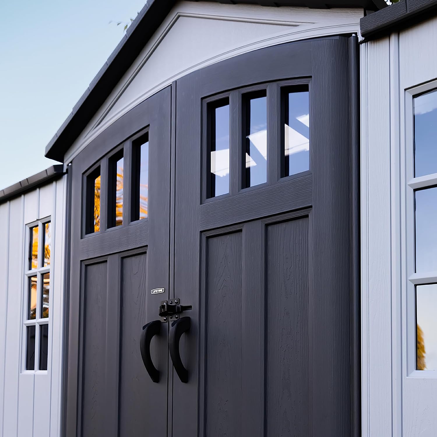 Lifetime Dual Entry Outdoor Storage Shed, 10x8 Ft, Gray, Resin Tool Shed with Double Doors