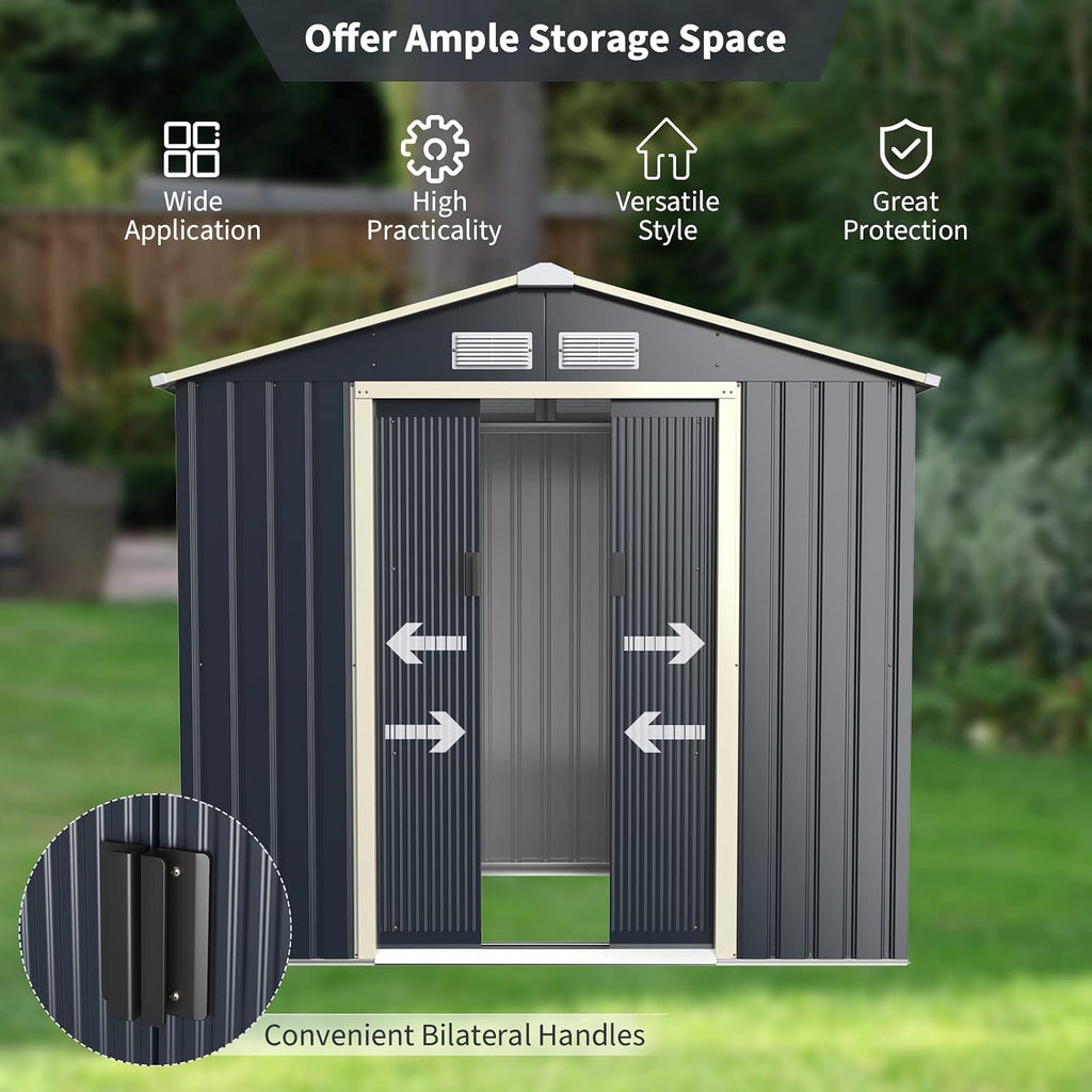 Goplus Storage Shed, Metal 7' X 6' Outdoor Building Organizer with 4 Vents & Double Sliding Door for Garden Backyard Farm (7'X6')