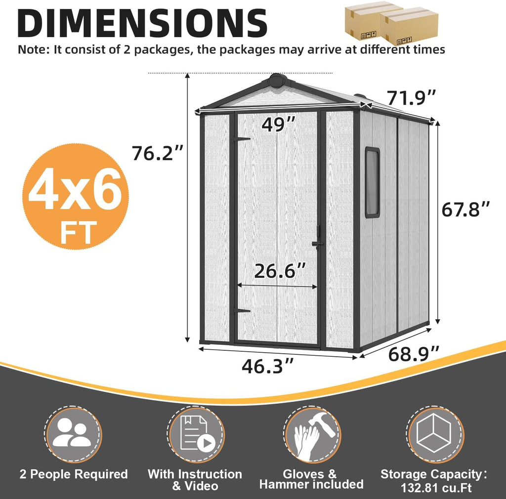 MELLCOM 4 x 6 FT Resin Outdoor Storage Tool Shed with Floor, Plastic Outdoor Storage Shed with Windows and Lockable Door, Garden Shed for Lawnmower, Pool Supply, Bike
